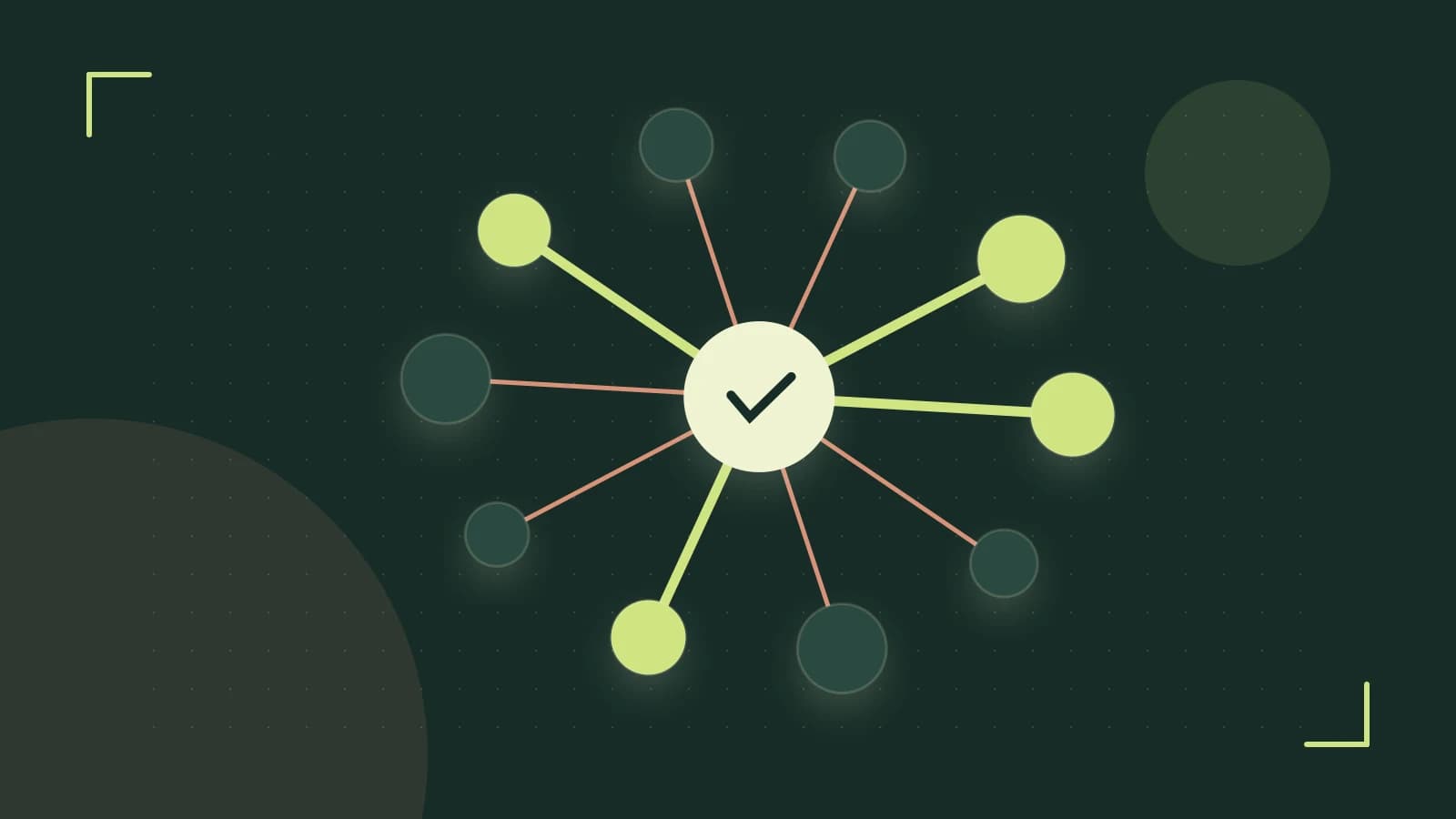 Editorial illustration of an algorithmic node graph with branching paths and a highlighted result