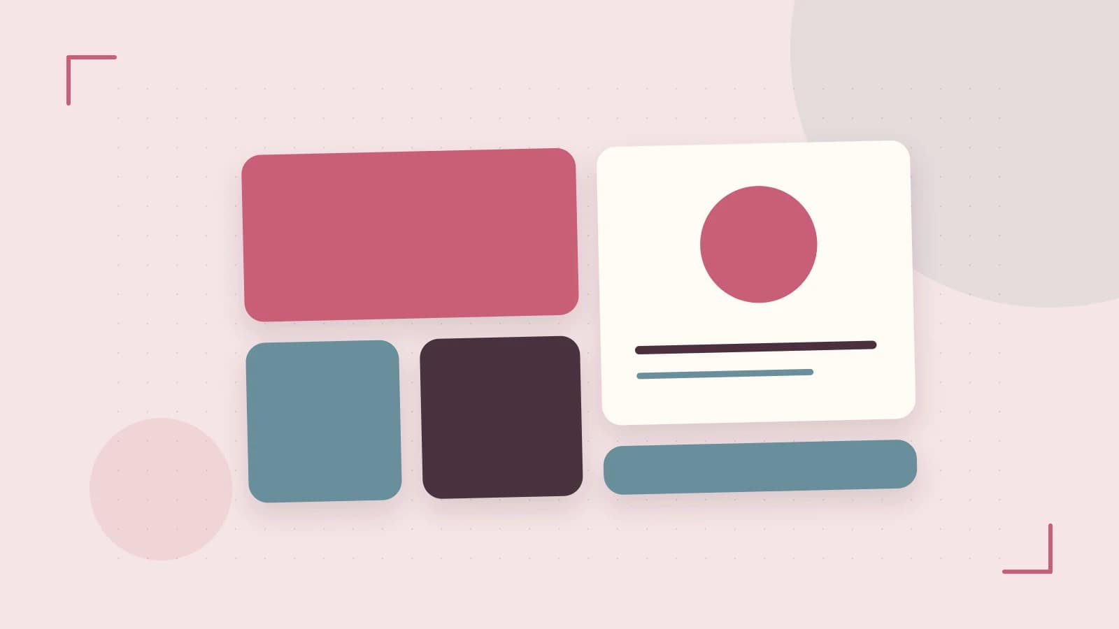 Editorial illustration of responsive browser layouts, overlapping design components and a color system