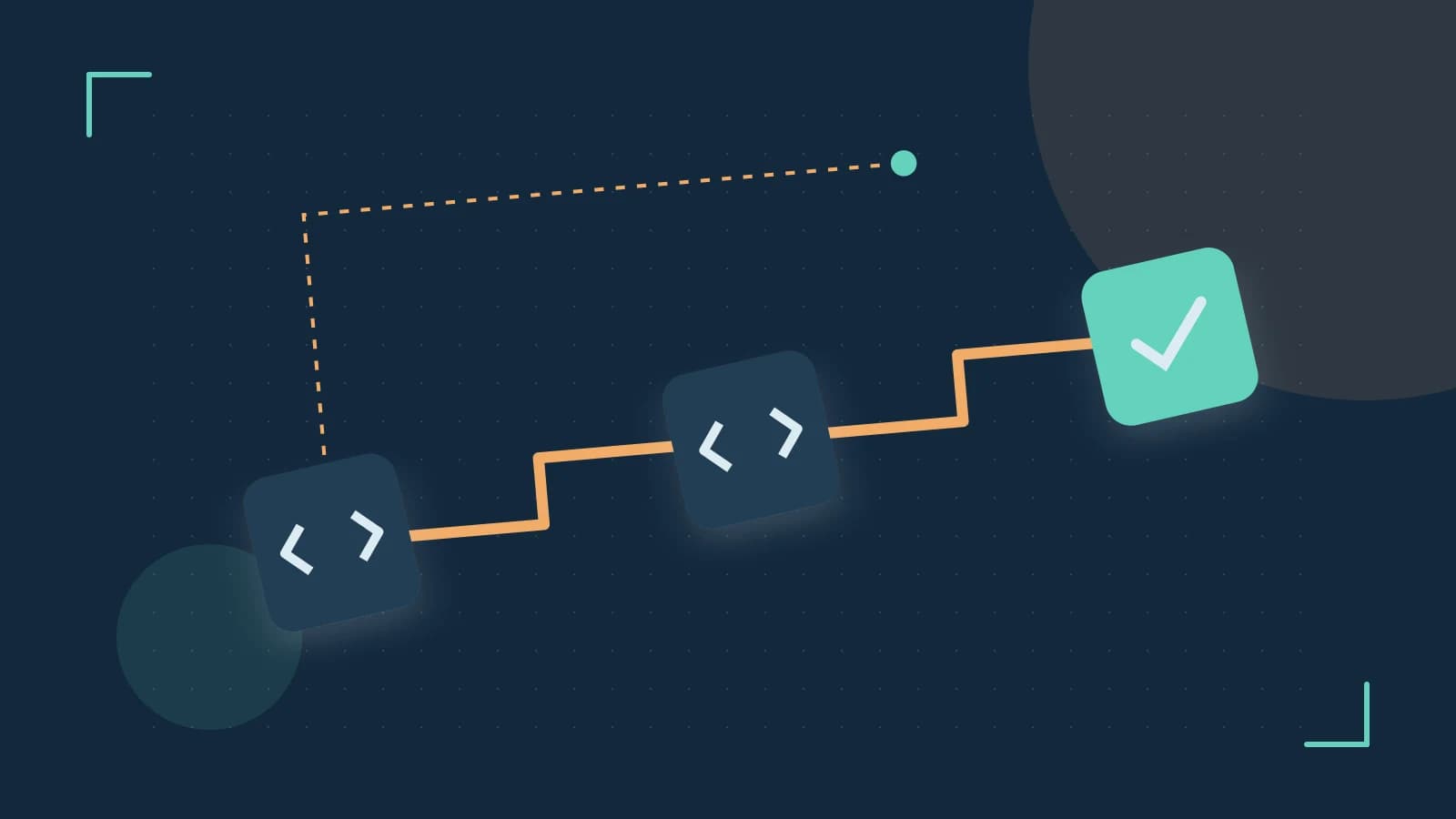 Editorial illustration of a branching build pipeline, staged transformations and a completed check
