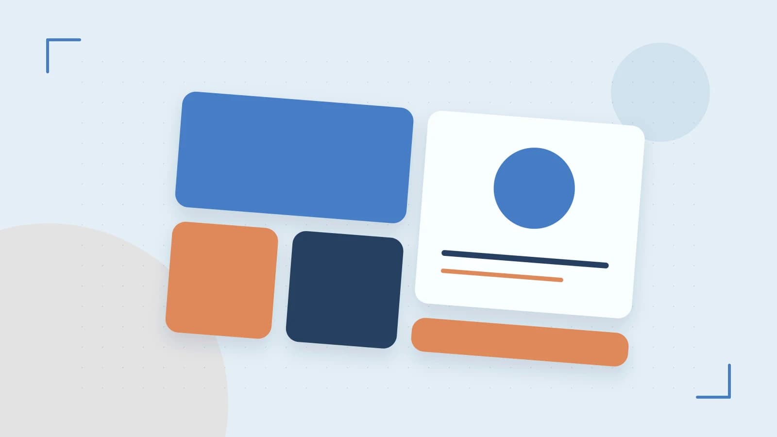 Editorial illustration of responsive browser layouts, overlapping design components and a color system
