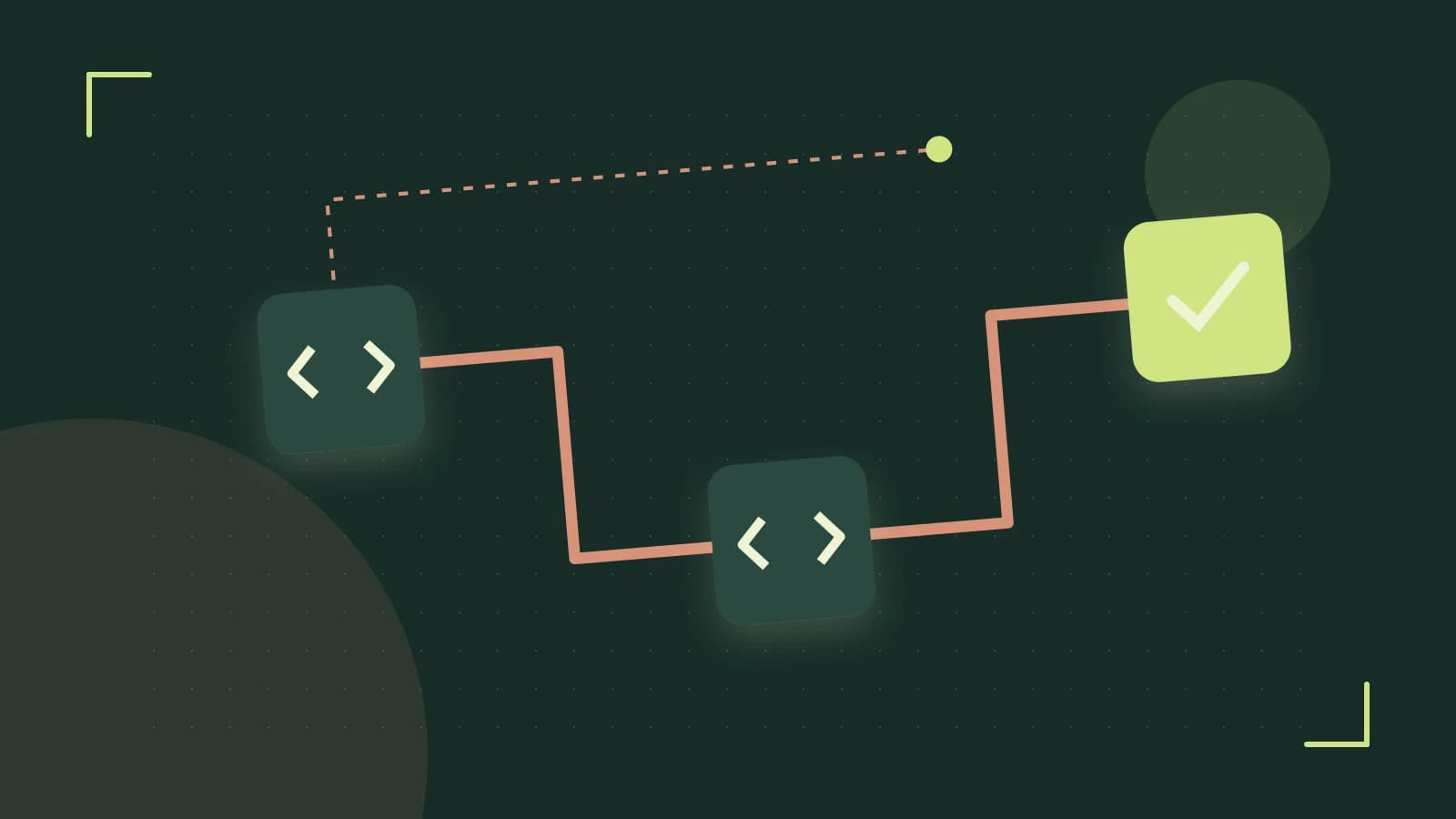 Editorial illustration of a branching build pipeline, staged transformations and a completed check