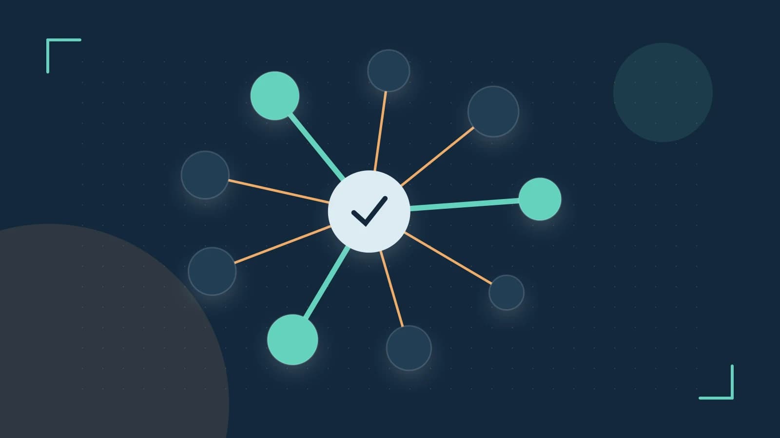 Editorial illustration of an algorithmic node graph with branching paths and a highlighted result