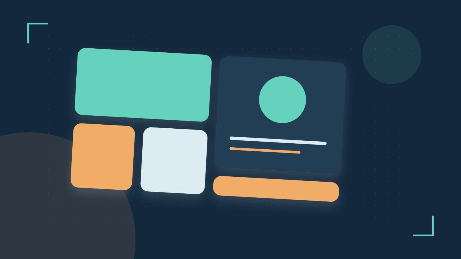 Editorial illustration of responsive browser layouts, overlapping design components and a color system