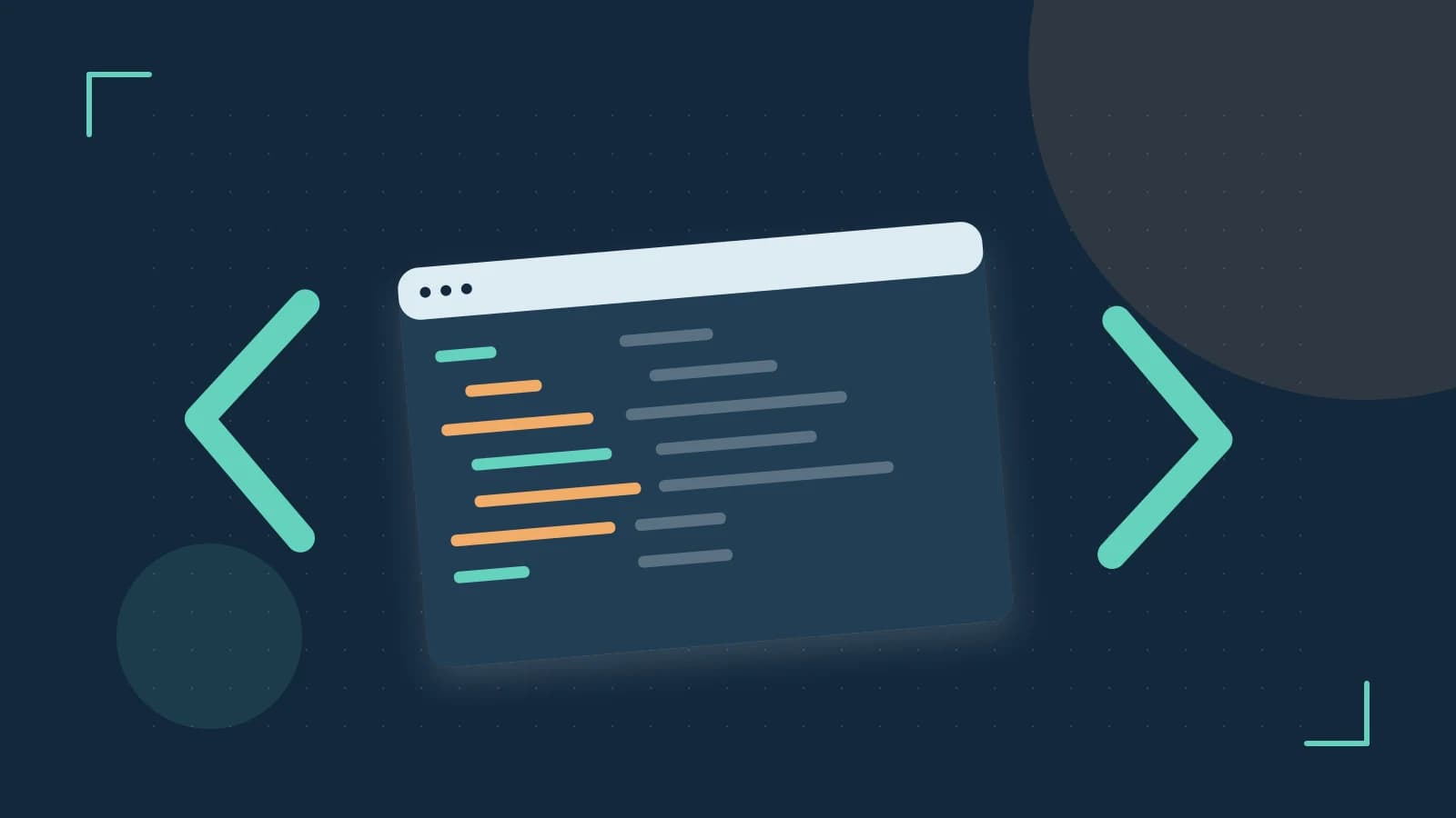 Editorial illustration of an abstract code editor, syntax blocks and oversized programming brackets