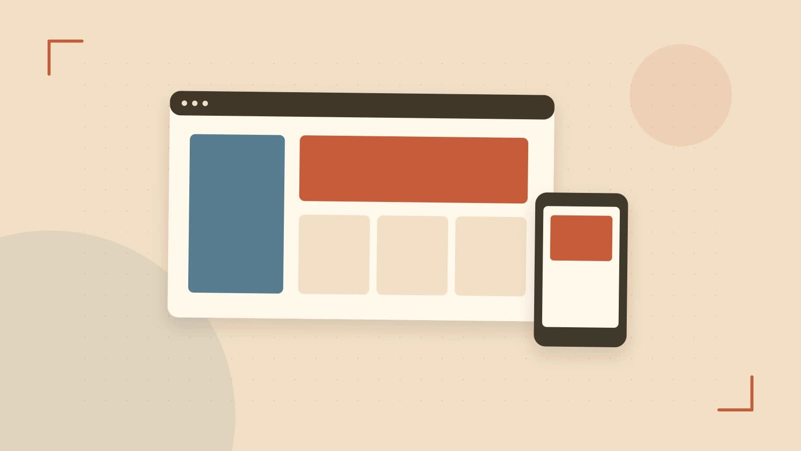 Editorial illustration of responsive browser layouts, overlapping design components and a color system