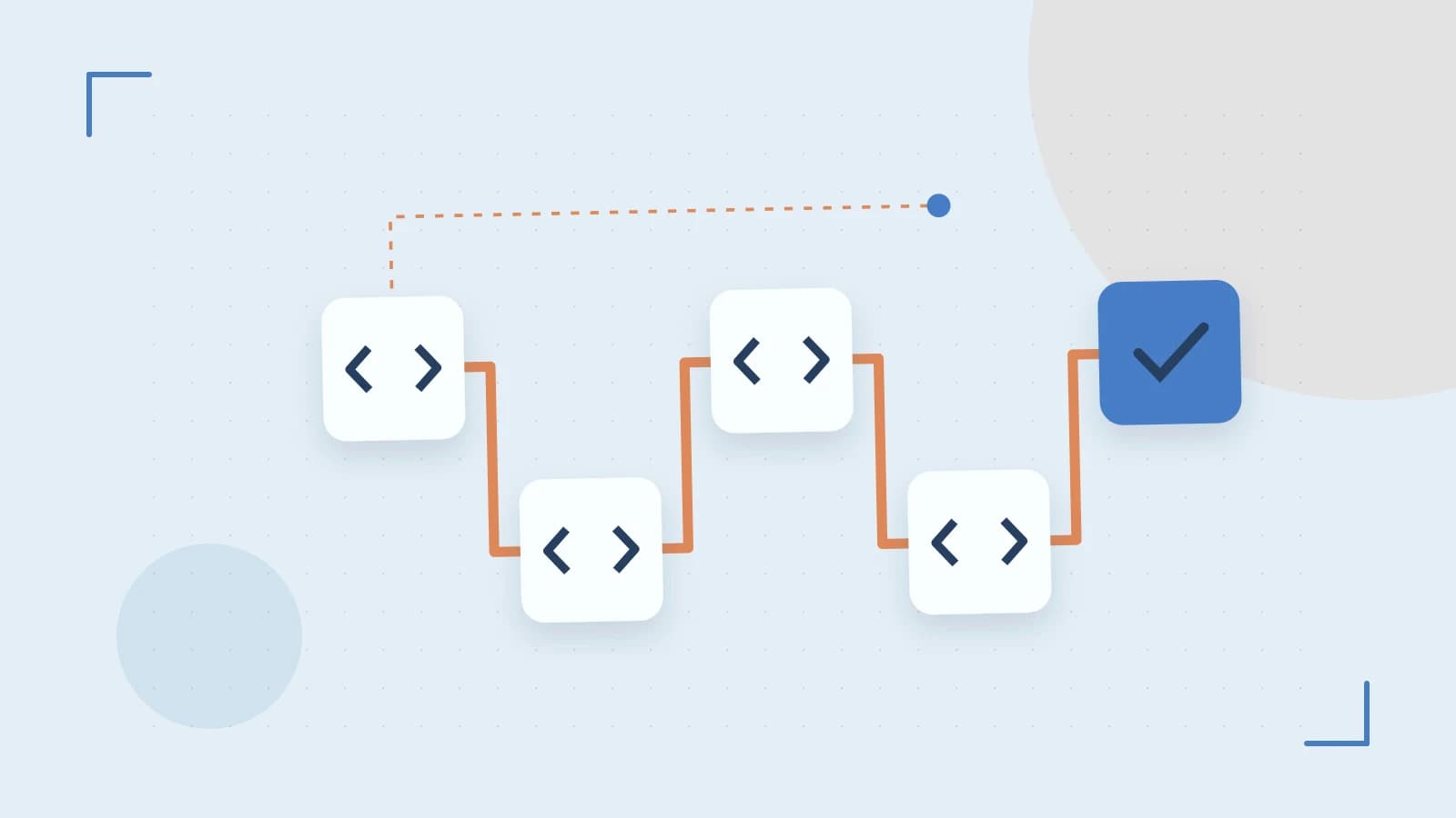 Editorial illustration of a branching build pipeline, staged transformations and a completed check