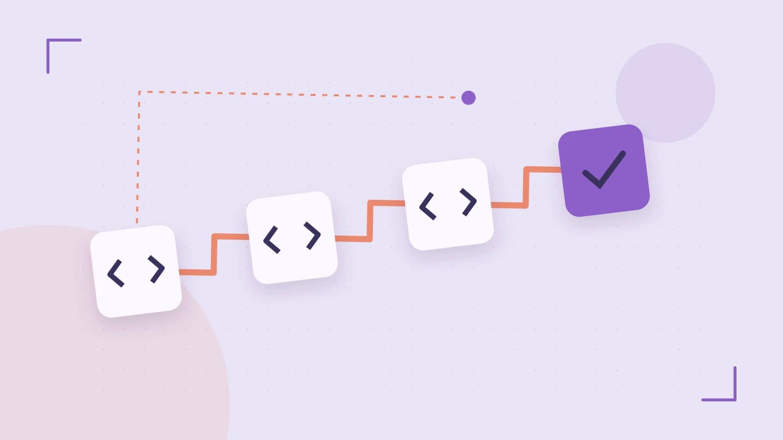 Editorial illustration of a branching build pipeline, staged transformations and a completed check