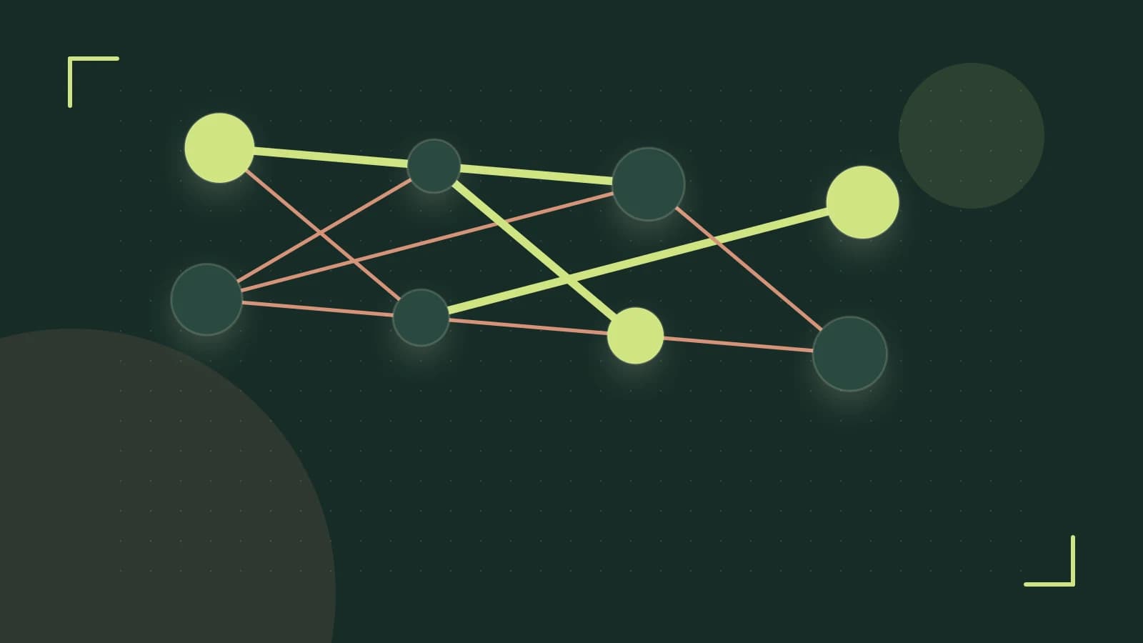 Editorial illustration of an algorithmic node graph with branching paths and a highlighted result