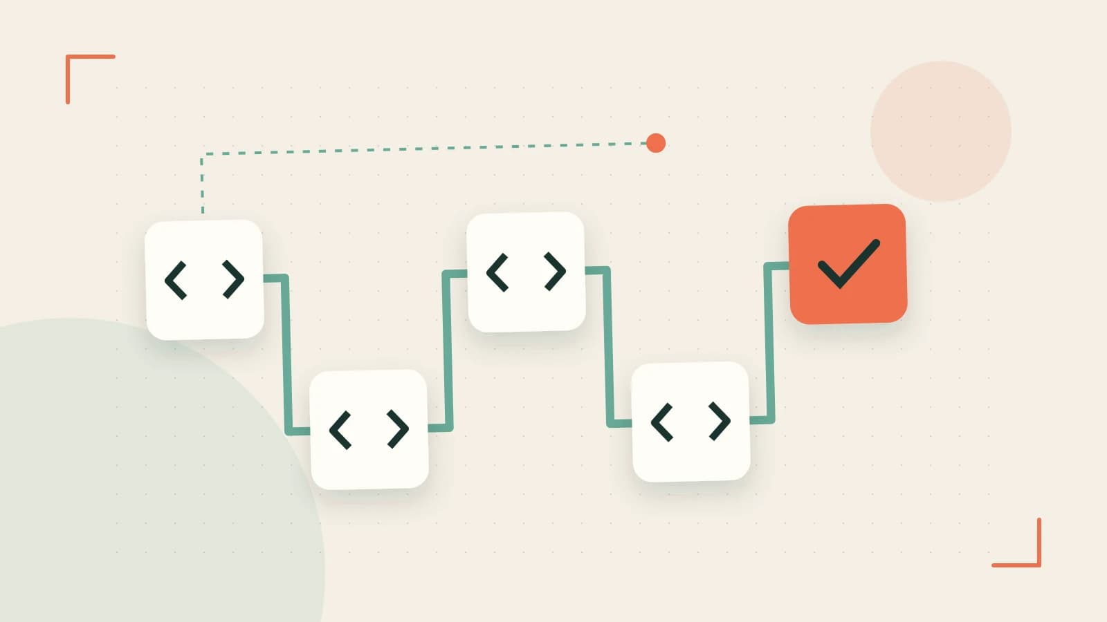 Editorial illustration of a branching build pipeline, staged transformations and a completed check