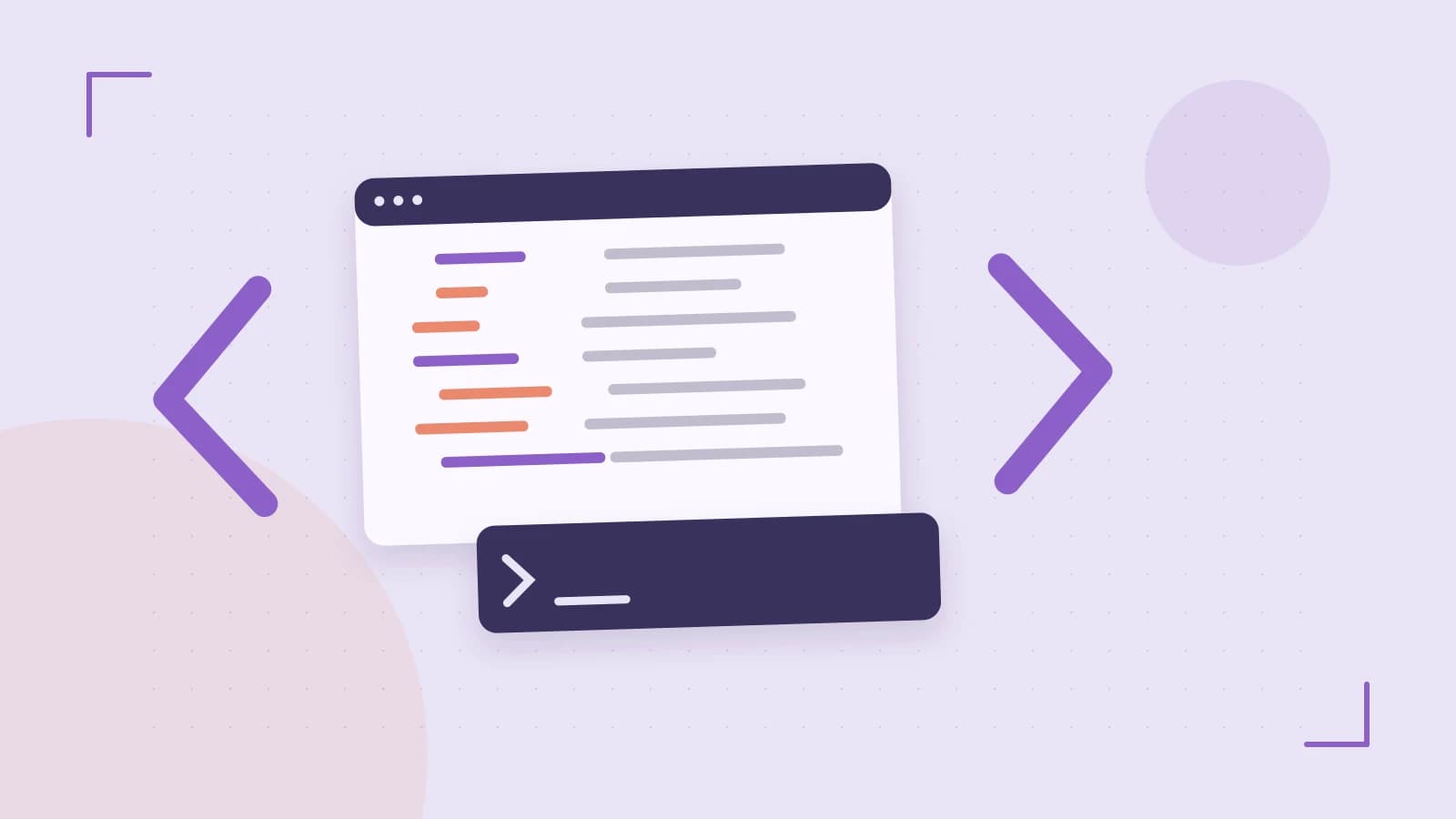 Editorial illustration of an abstract code editor, syntax blocks and oversized programming brackets