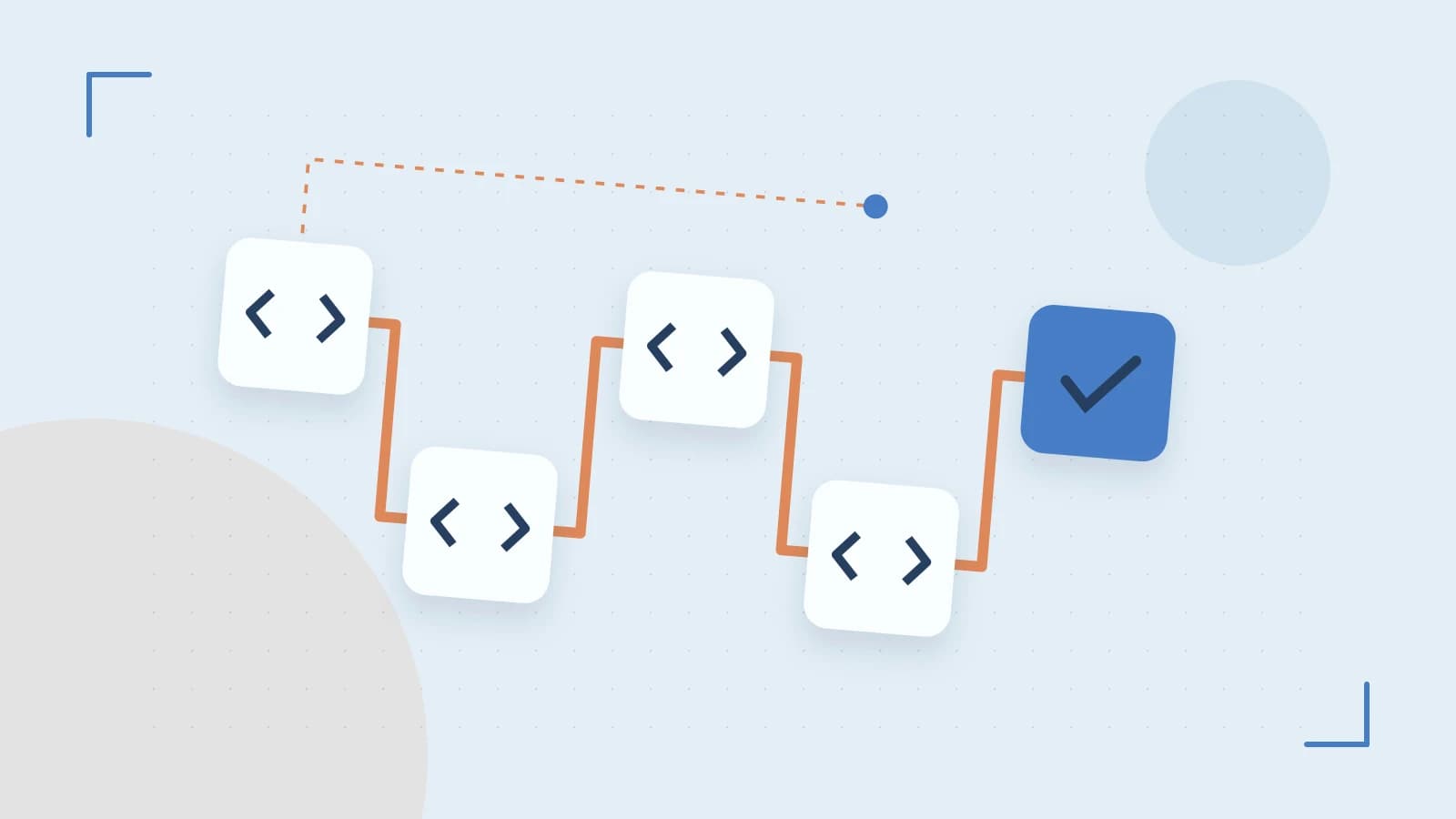 Editorial illustration of a branching build pipeline, staged transformations and a completed check