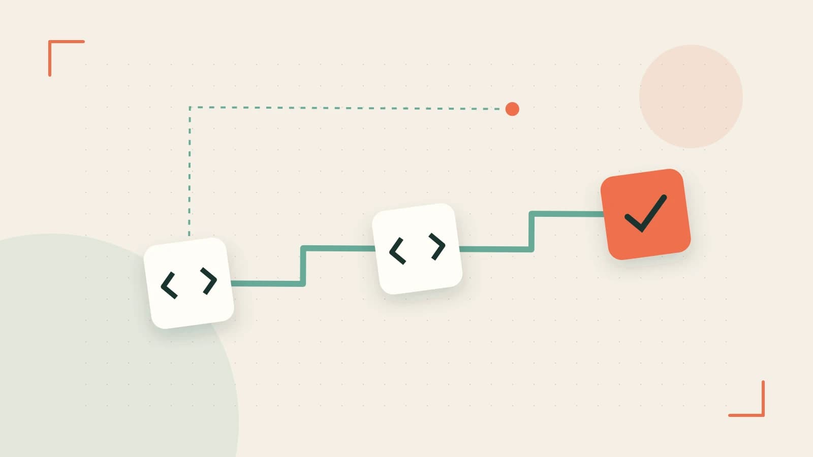 Editorial illustration of a branching build pipeline, staged transformations and a completed check