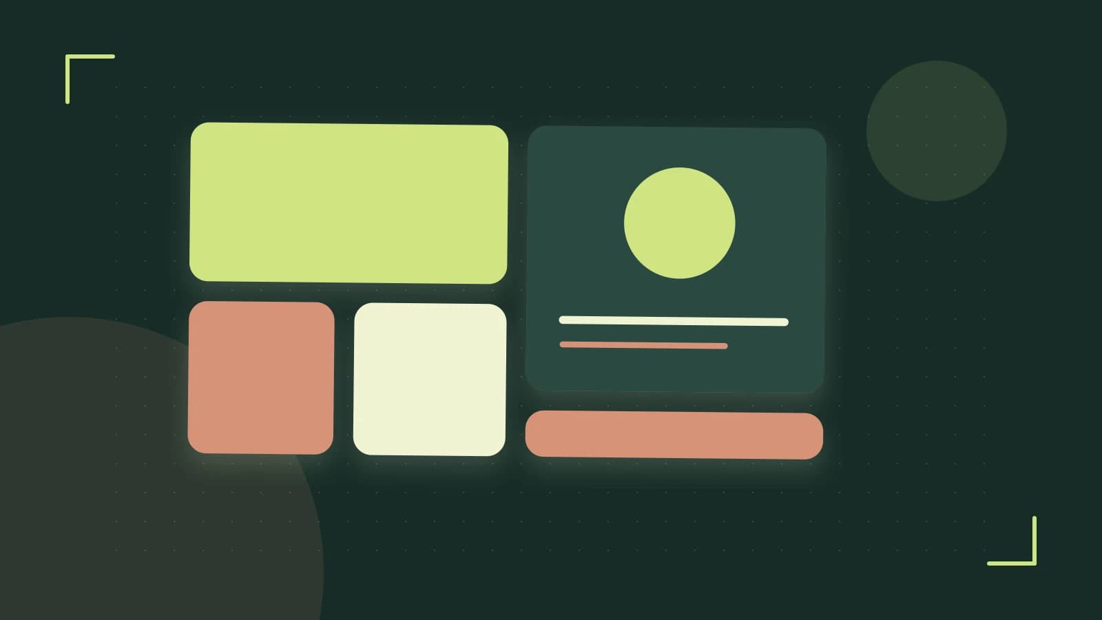 Editorial illustration of responsive browser layouts, overlapping design components and a color system
