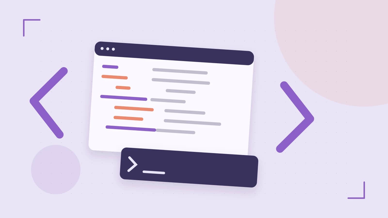Editorial illustration of an abstract code editor, syntax blocks and oversized programming brackets