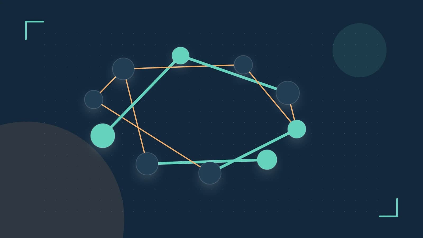 Editorial illustration of an algorithmic node graph with branching paths and a highlighted result