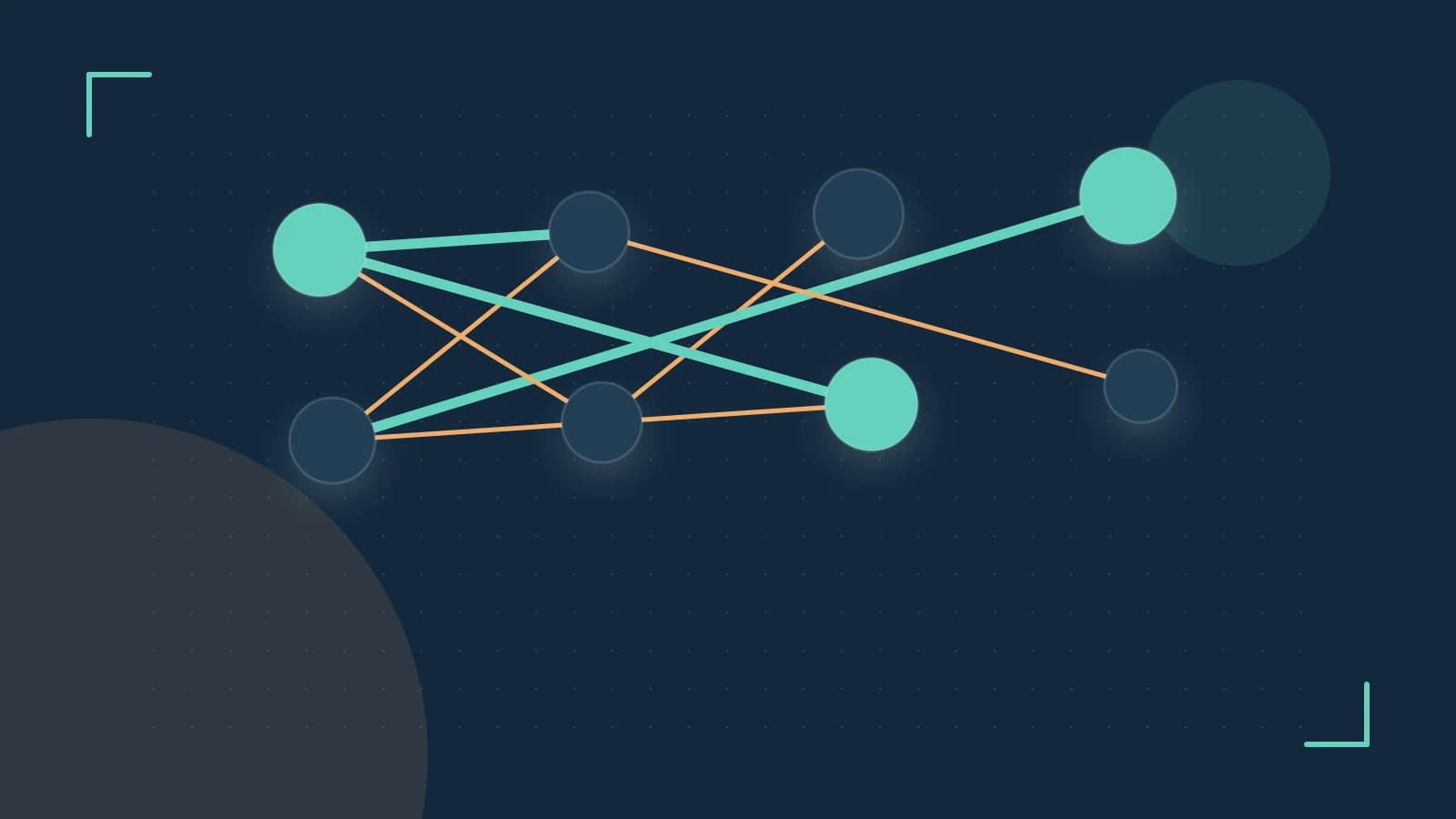 Editorial illustration of an algorithmic node graph with branching paths and a highlighted result