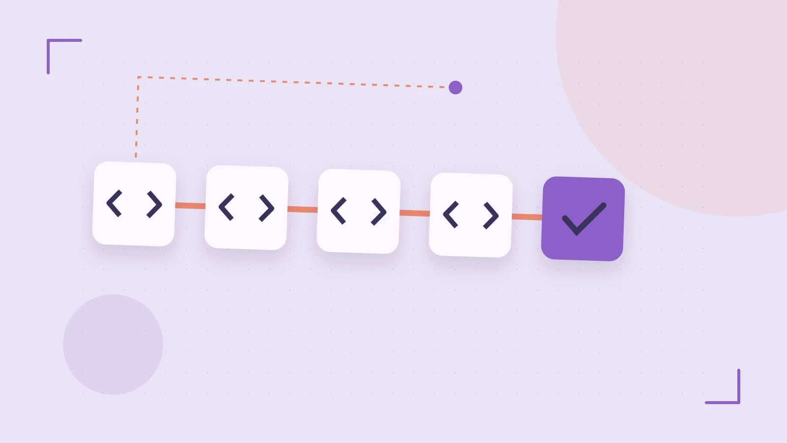 Editorial illustration of a branching build pipeline, staged transformations and a completed check
