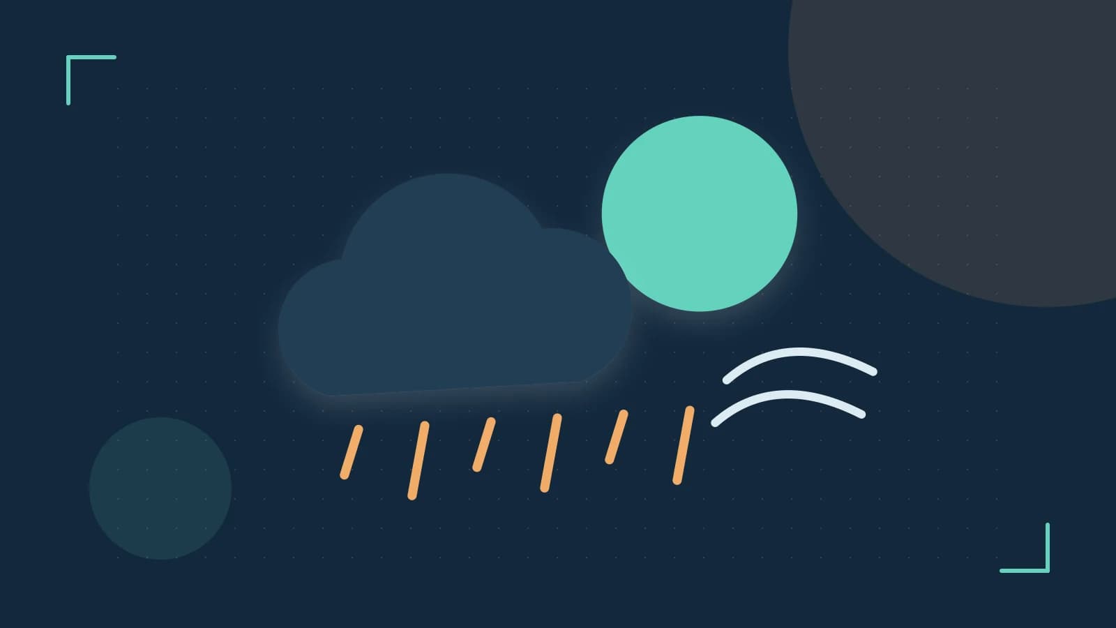 Editorial illustration of a sun, layered clouds, raindrops and flowing weather patterns