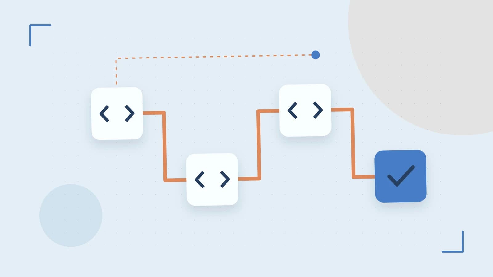 Editorial illustration of a branching build pipeline, staged transformations and a completed check
