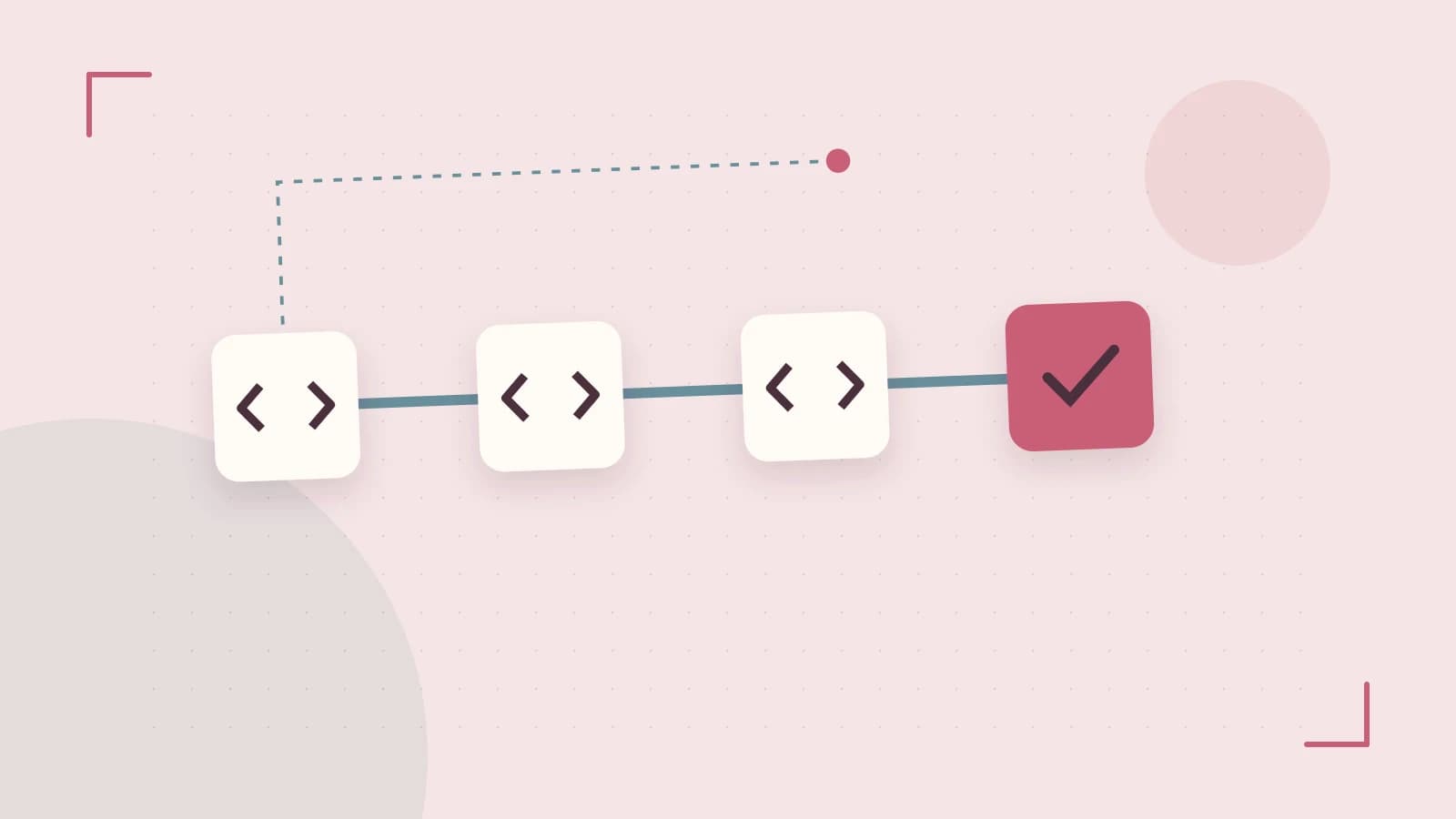 Editorial illustration of a branching build pipeline, staged transformations and a completed check