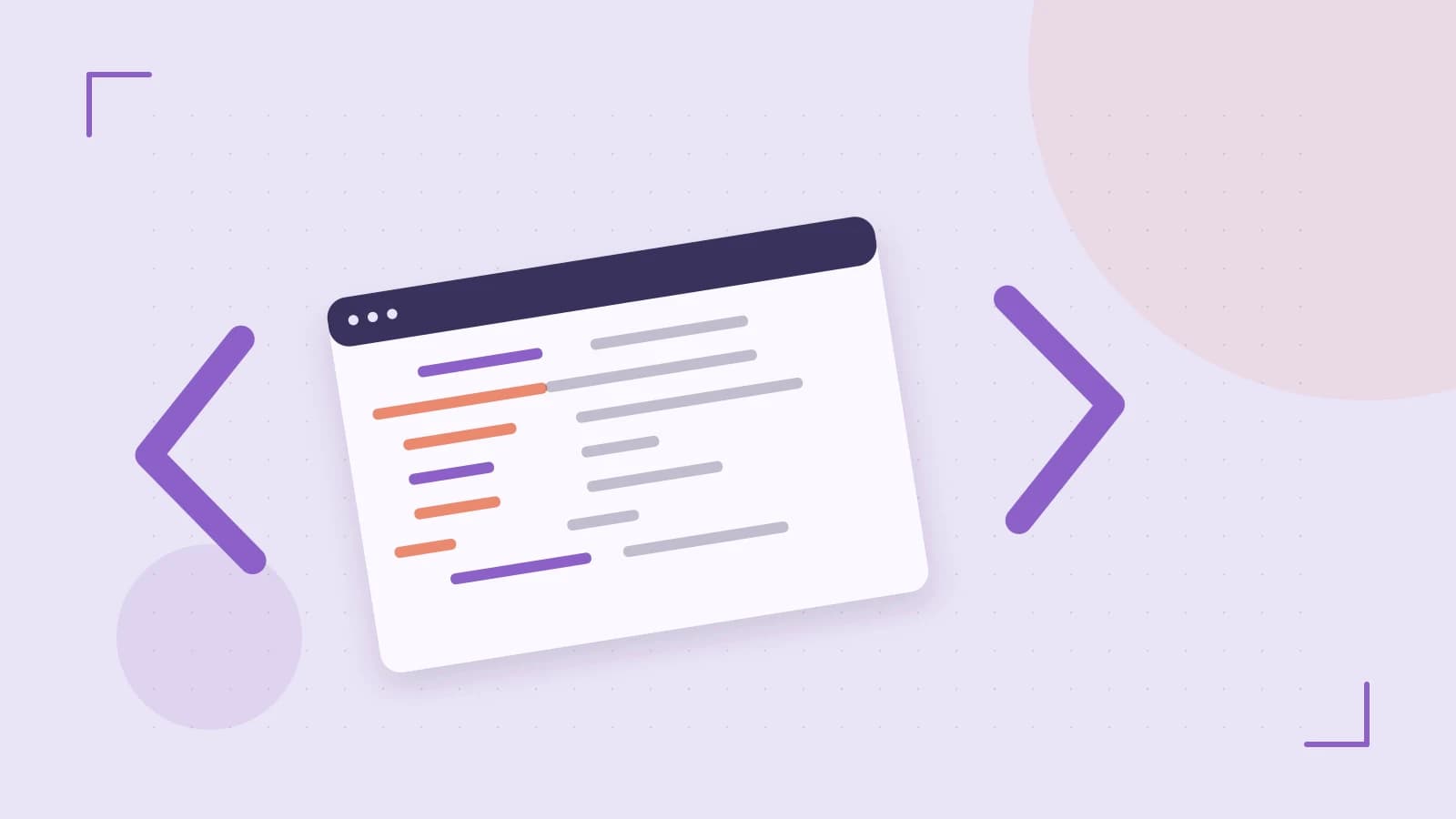 Editorial illustration of an abstract code editor, syntax blocks and oversized programming brackets
