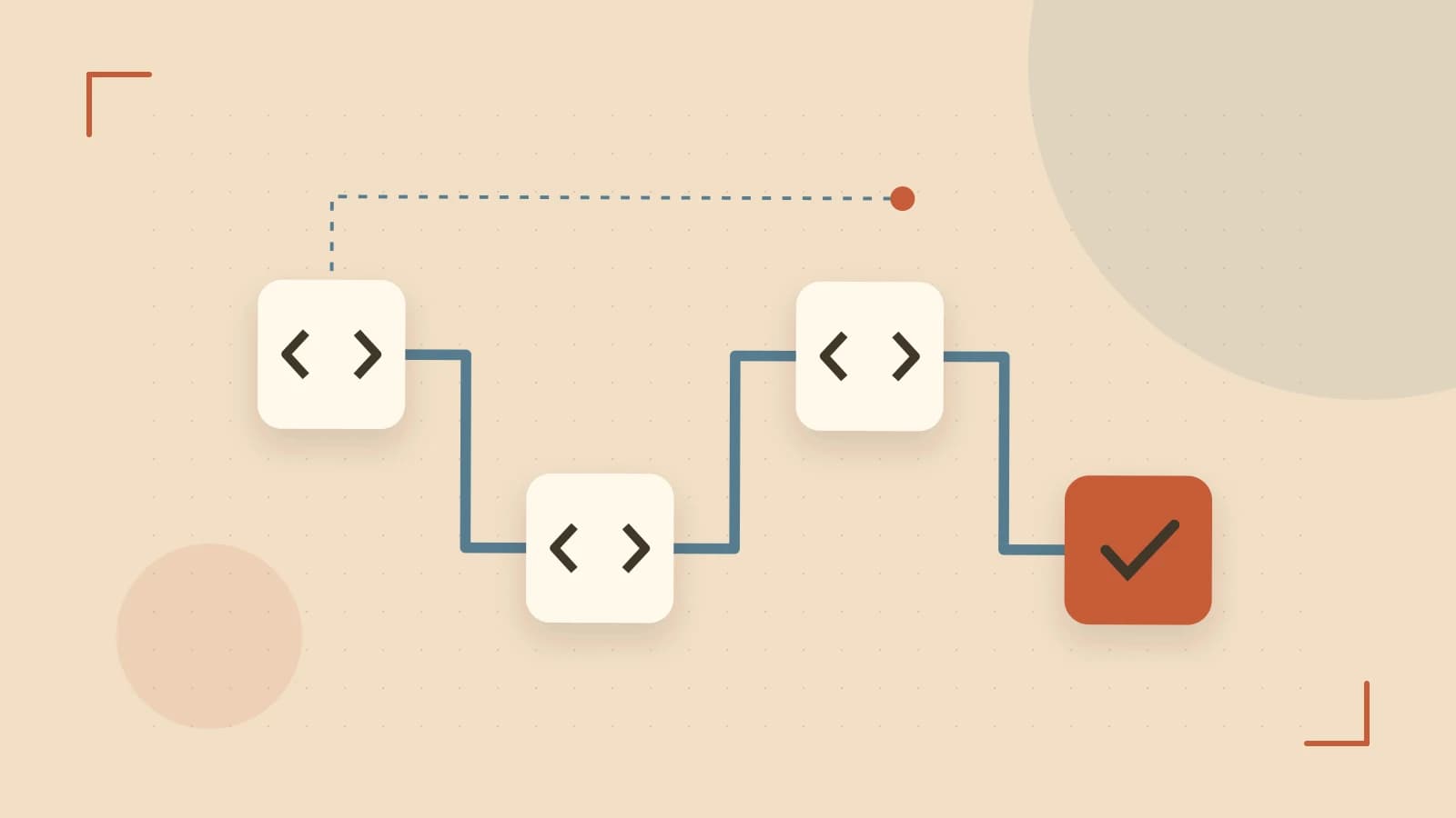 Editorial illustration of a branching build pipeline, staged transformations and a completed check