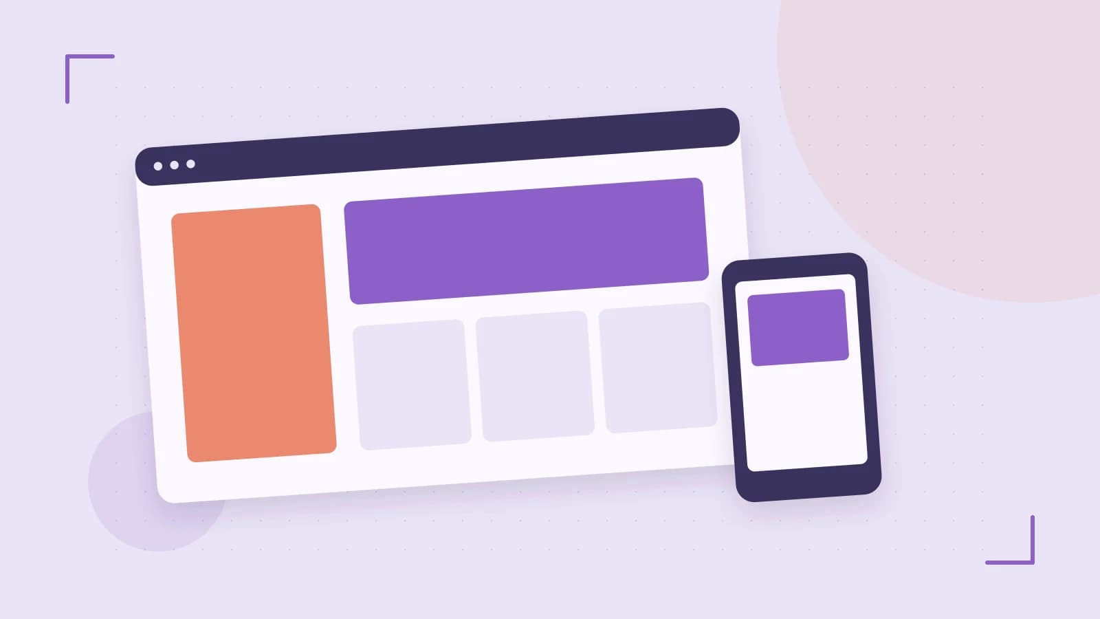 Editorial illustration of responsive browser layouts, overlapping design components and a color system