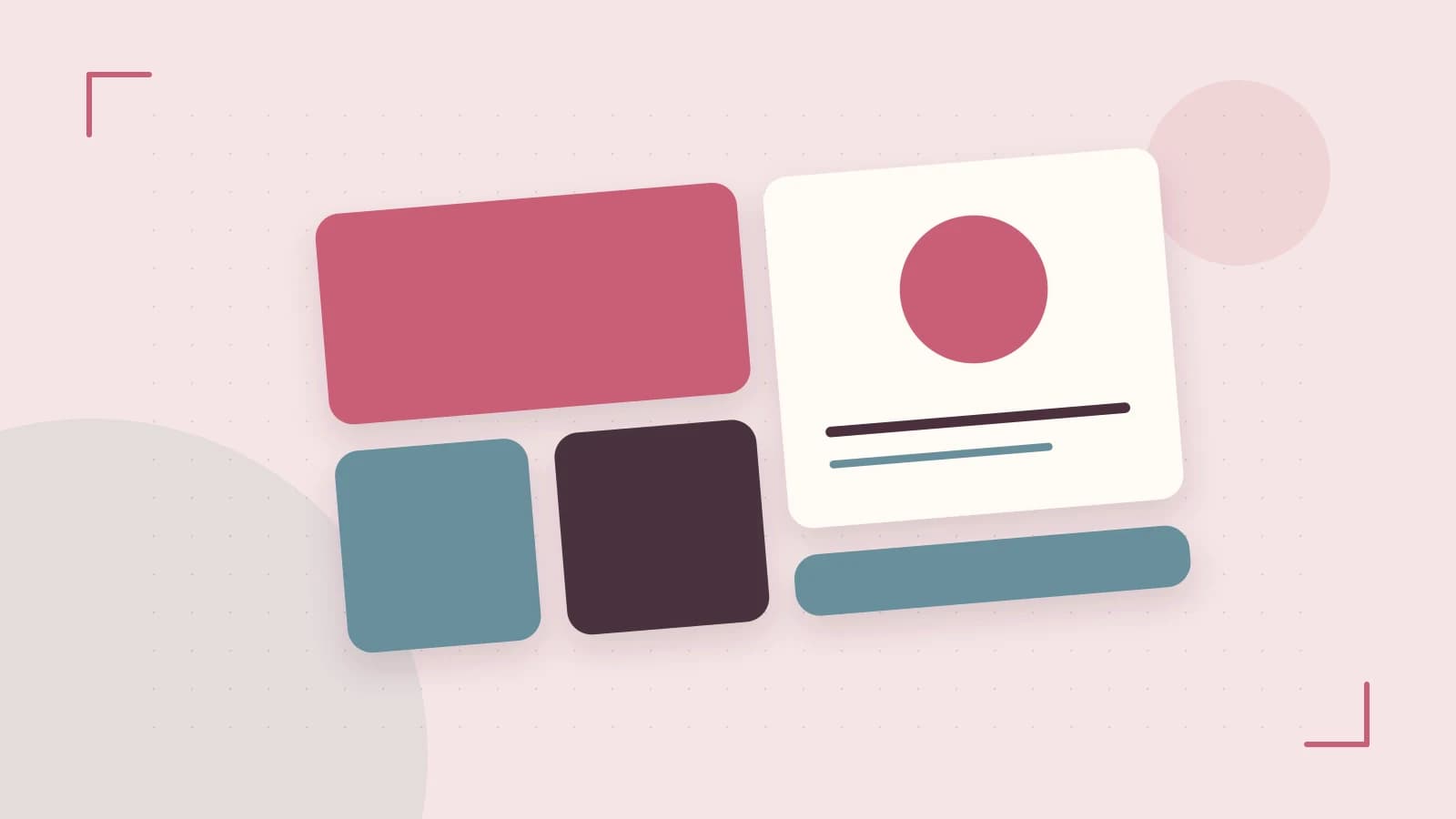 Editorial illustration of responsive browser layouts, overlapping design components and a color system
