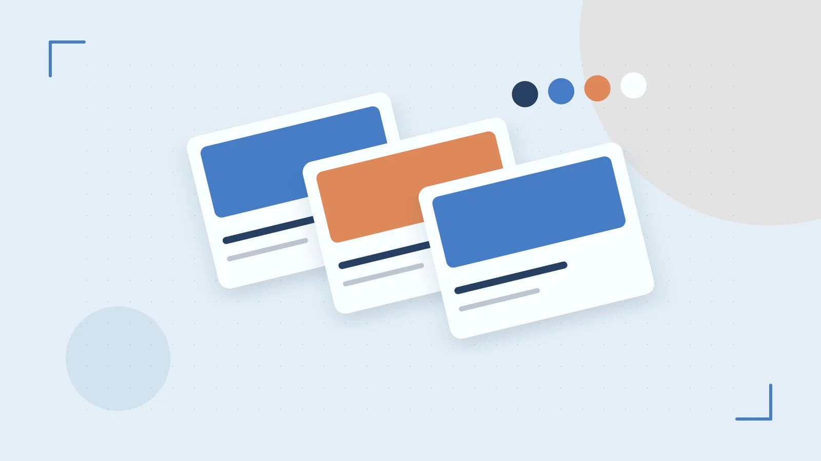 Editorial illustration of responsive browser layouts, overlapping design components and a color system