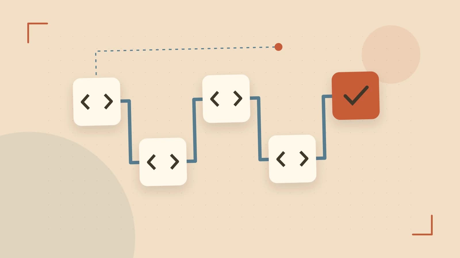 Editorial illustration of a branching build pipeline, staged transformations and a completed check