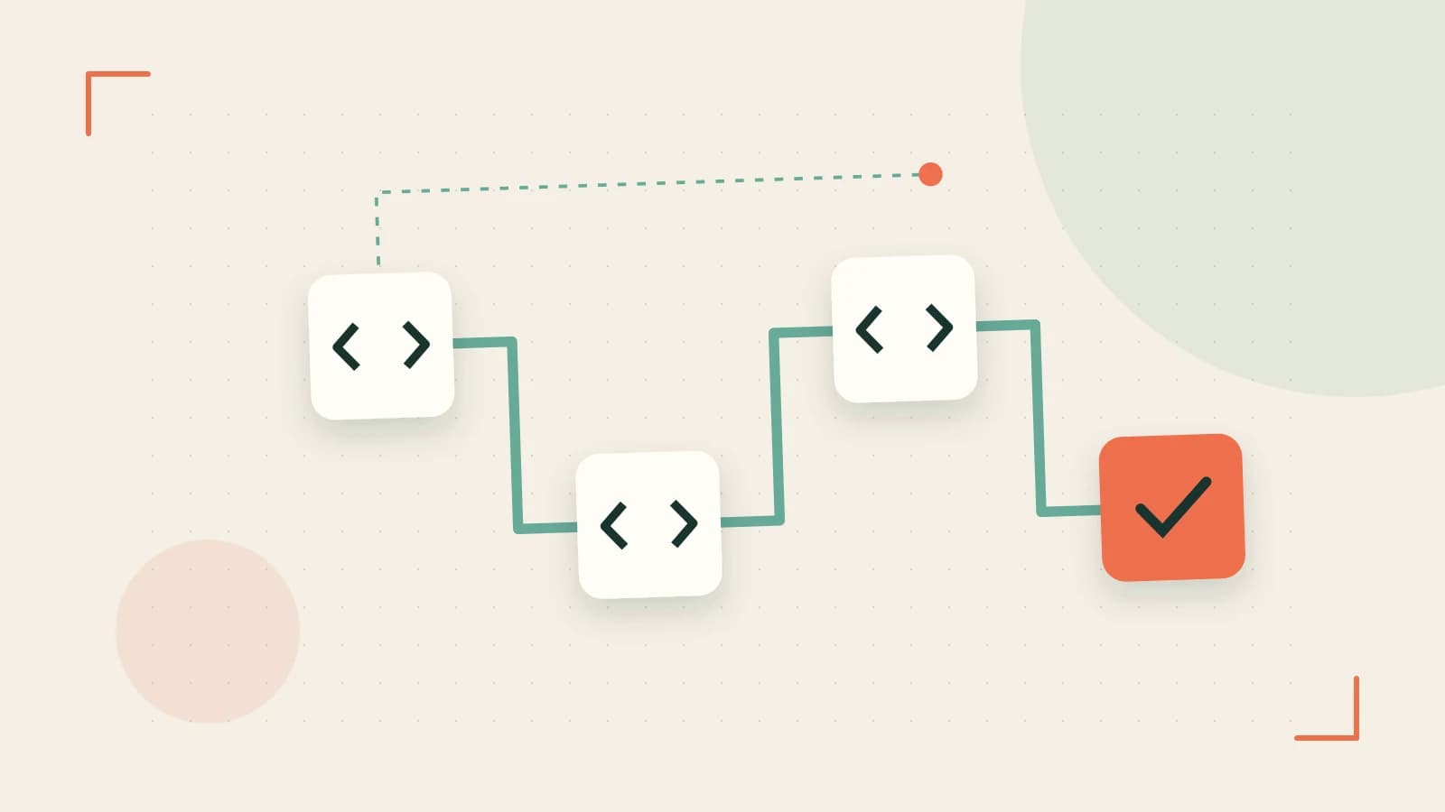 Editorial illustration of a branching build pipeline, staged transformations and a completed check