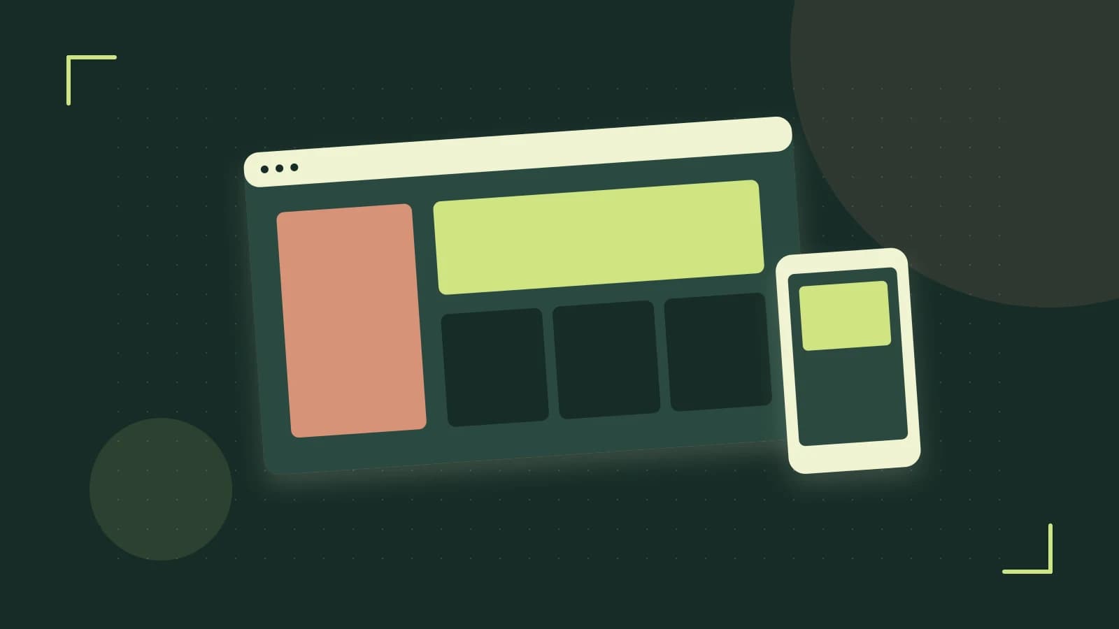 Editorial illustration of responsive browser layouts, overlapping design components and a color system