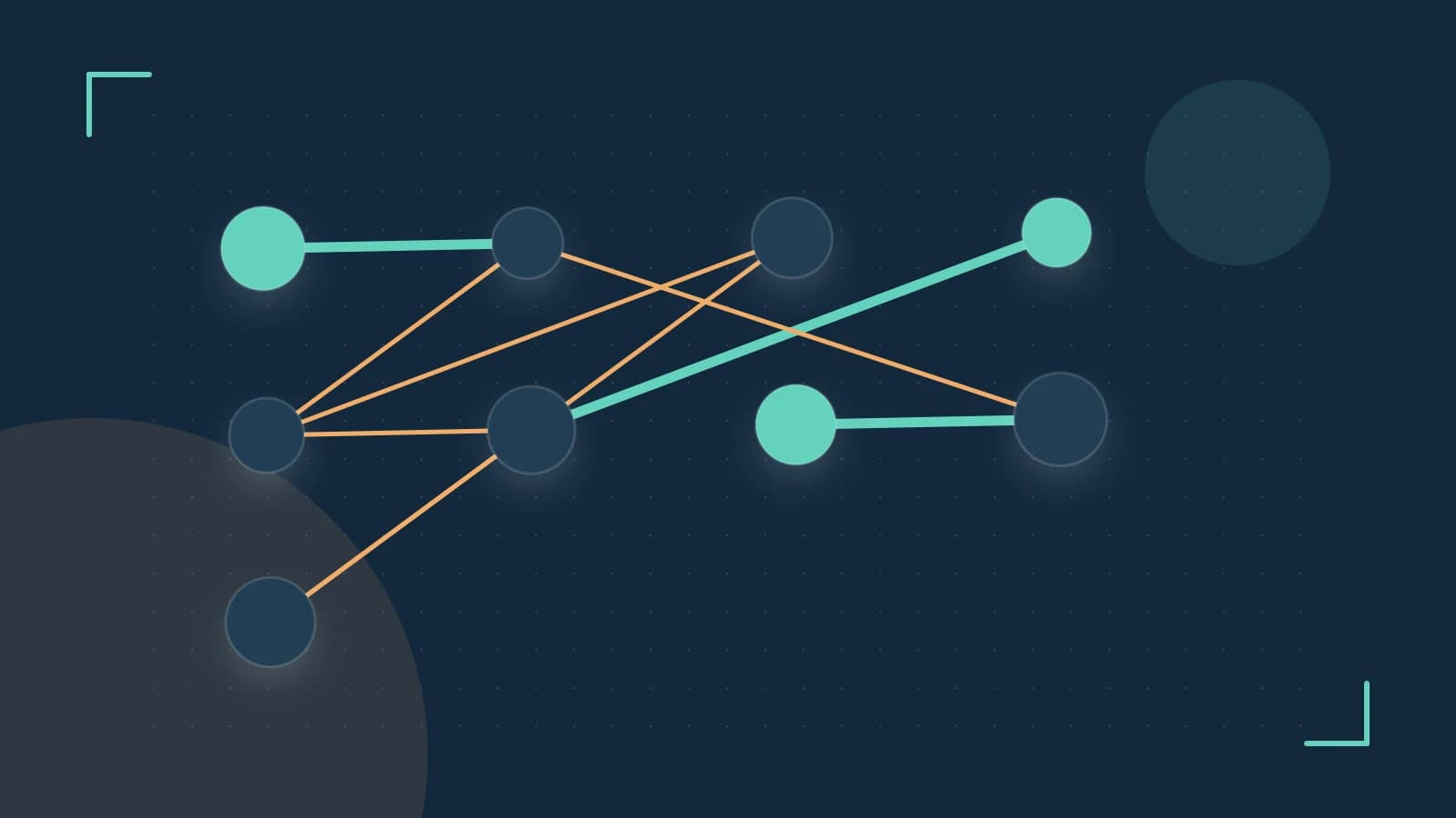 Editorial illustration of an algorithmic node graph with branching paths and a highlighted result