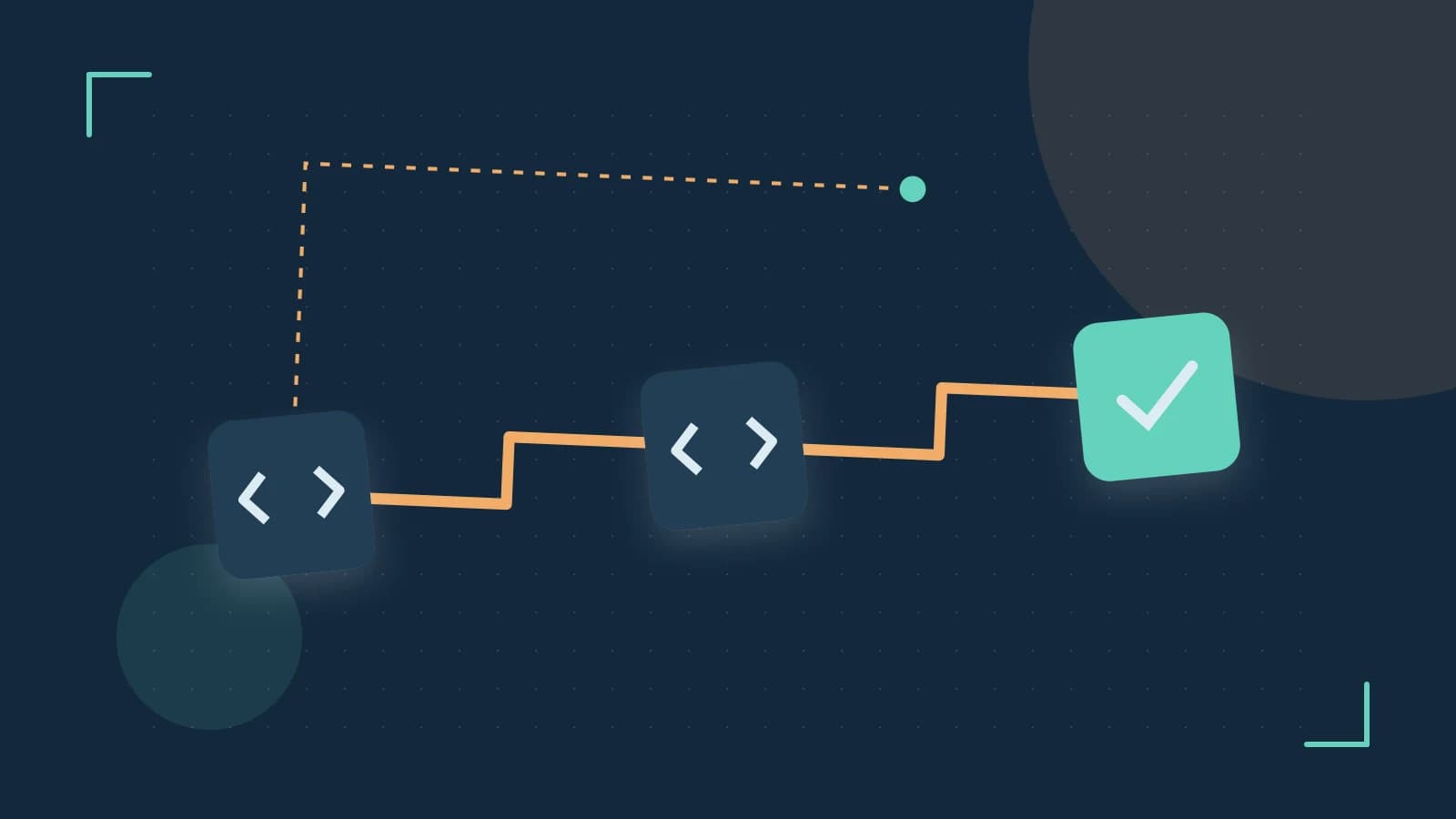 Editorial illustration of a branching build pipeline, staged transformations and a completed check