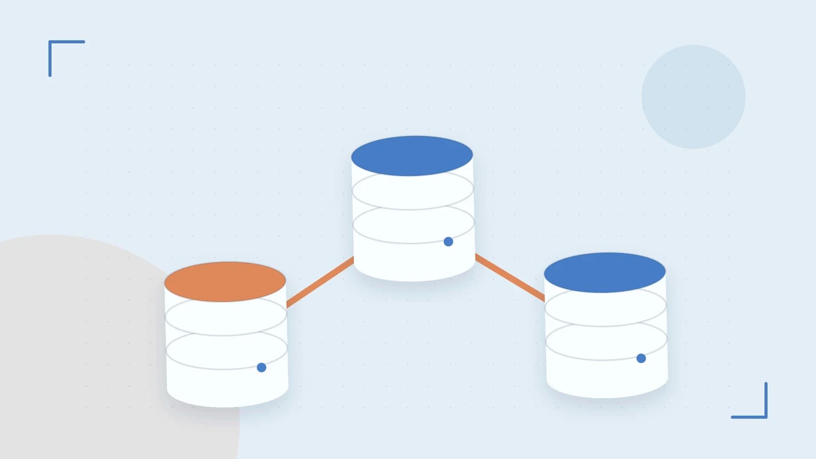 Editorial illustration of structured records, database cylinders and relationships between tables