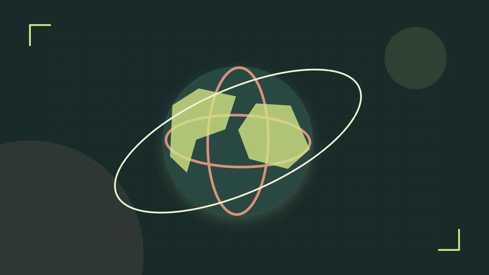 Editorial illustration of an editorial globe with meridians and layered geographic shapes