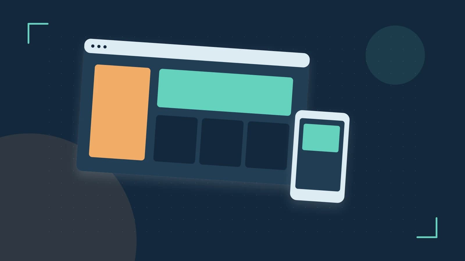 Editorial illustration of responsive browser layouts, overlapping design components and a color system