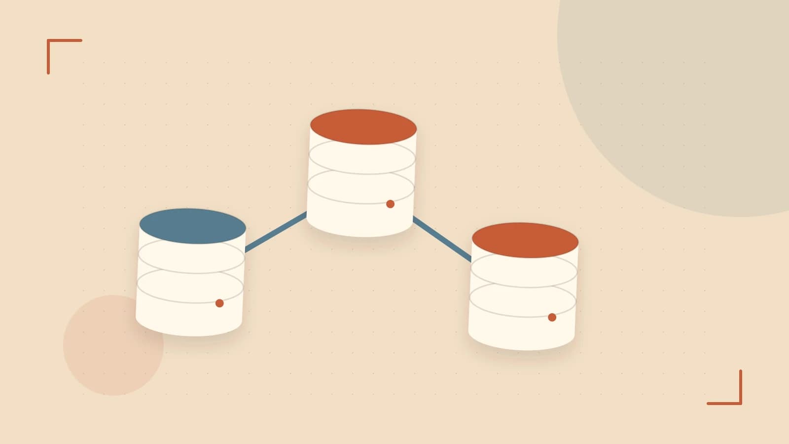 Editorial illustration of structured records, database cylinders and relationships between tables