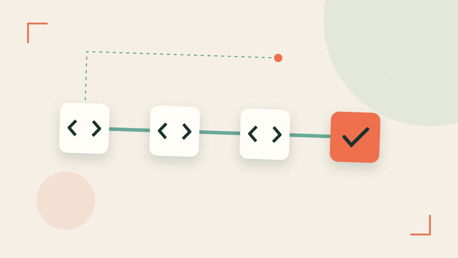 Editorial illustration of a branching build pipeline, staged transformations and a completed check