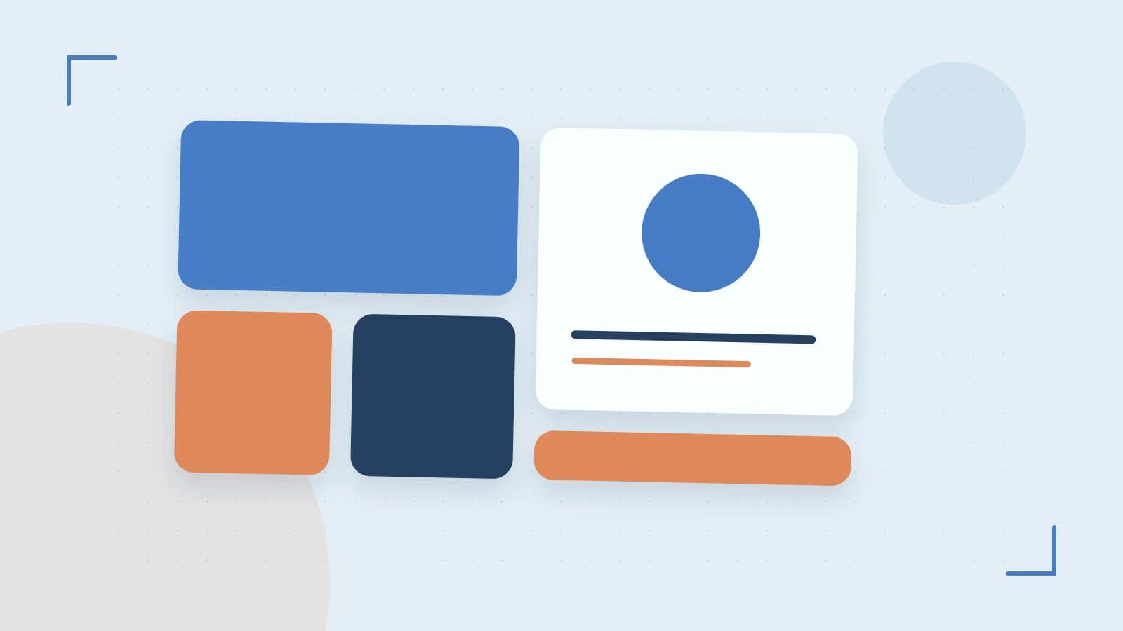 Editorial illustration of responsive browser layouts, overlapping design components and a color system