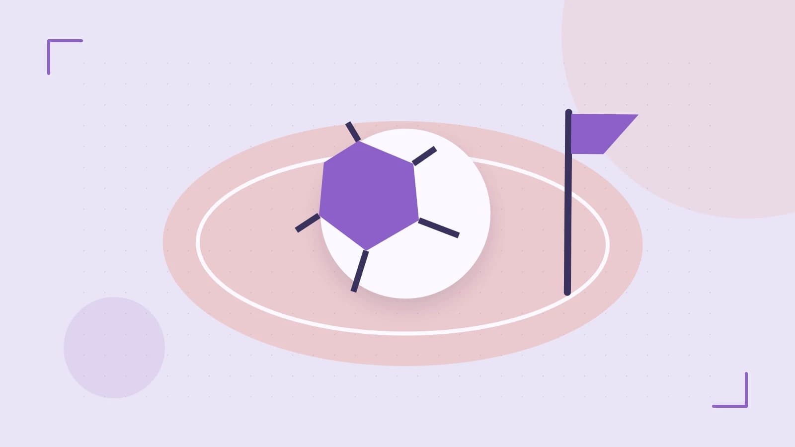 Editorial illustration of a stylized sports ball, stadium geometry and dynamic arcs