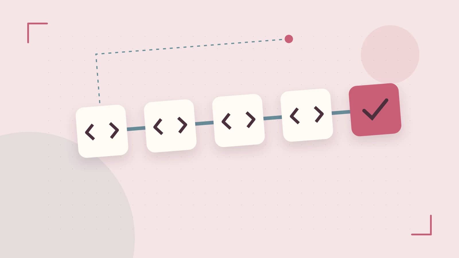 Editorial illustration of a branching build pipeline, staged transformations and a completed check