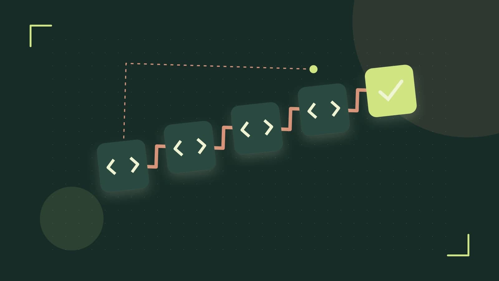 Editorial illustration of a branching build pipeline, staged transformations and a completed check