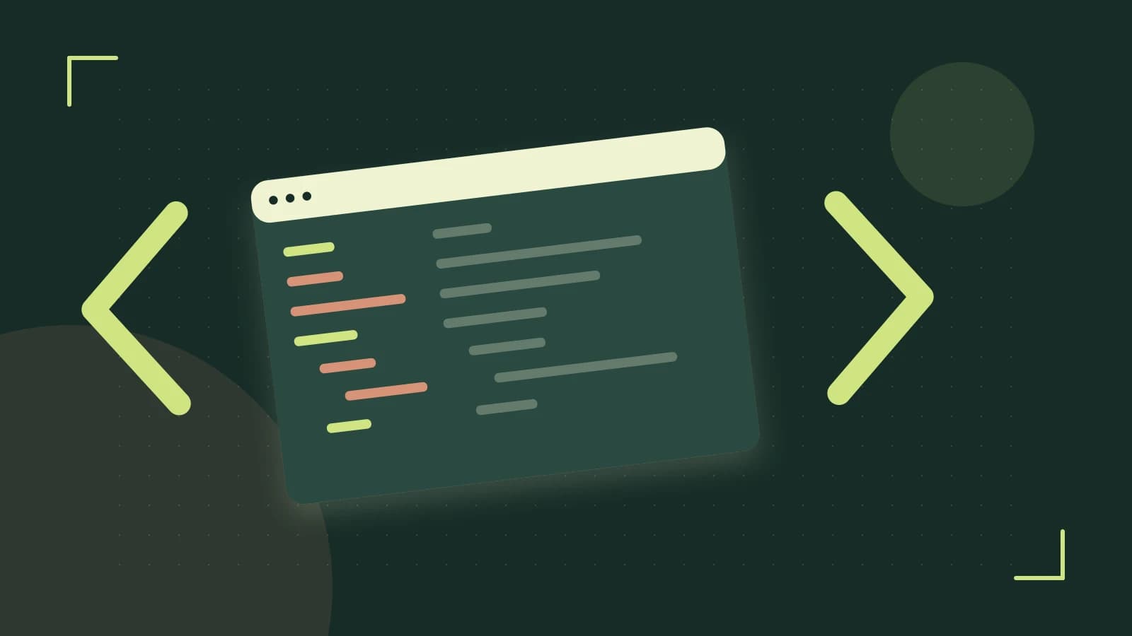 Editorial illustration of an abstract code editor, syntax blocks and oversized programming brackets