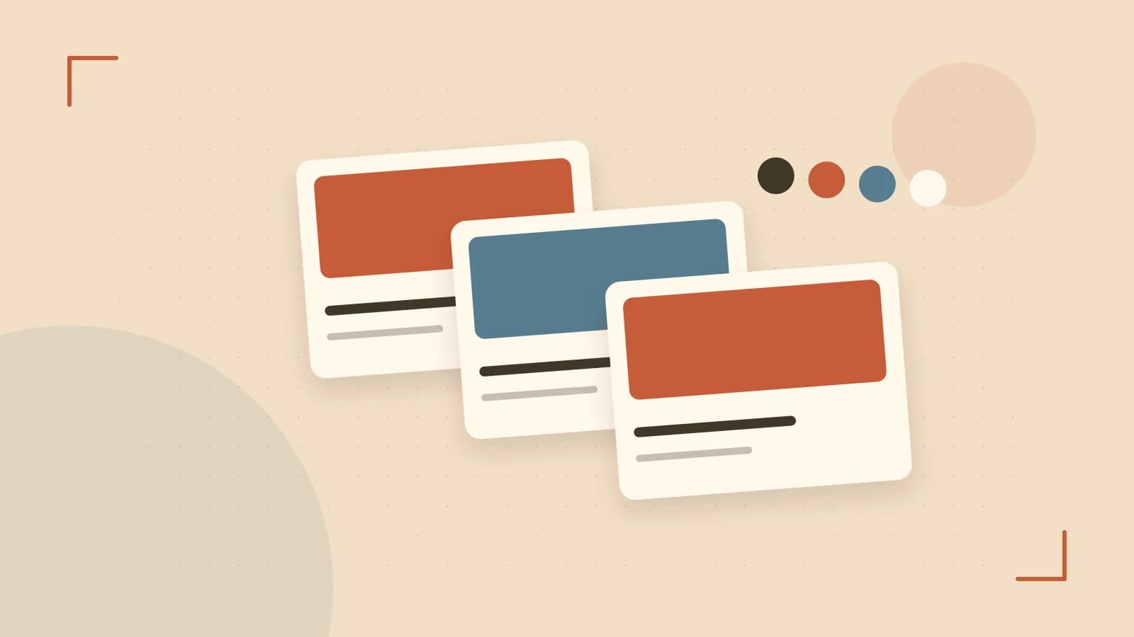 Editorial illustration of responsive browser layouts, overlapping design components and a color system