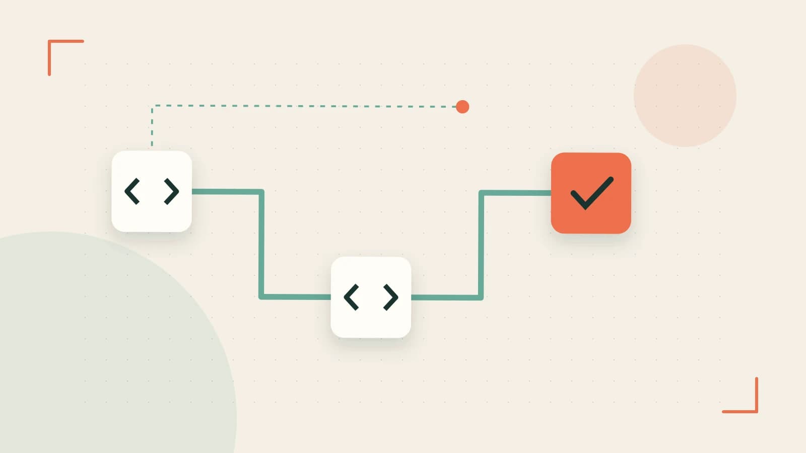 Editorial illustration of a branching build pipeline, staged transformations and a completed check