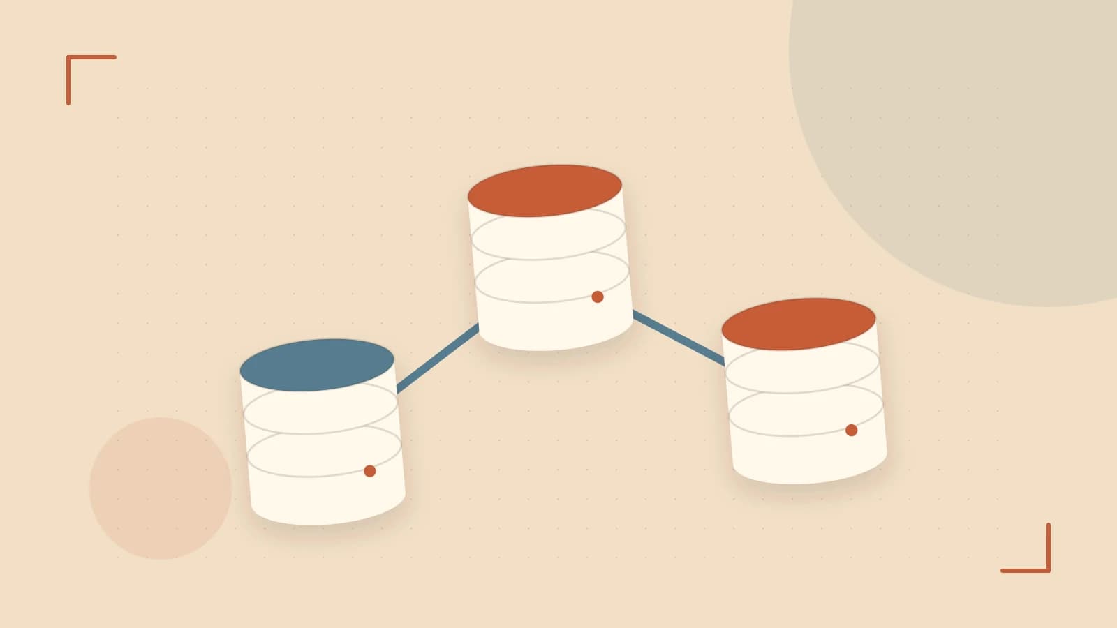 Editorial illustration of structured records, database cylinders and relationships between tables