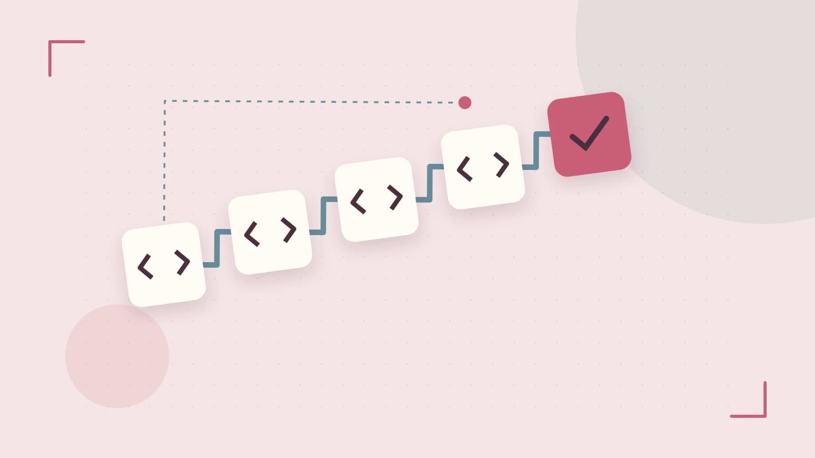 Editorial illustration of a branching build pipeline, staged transformations and a completed check