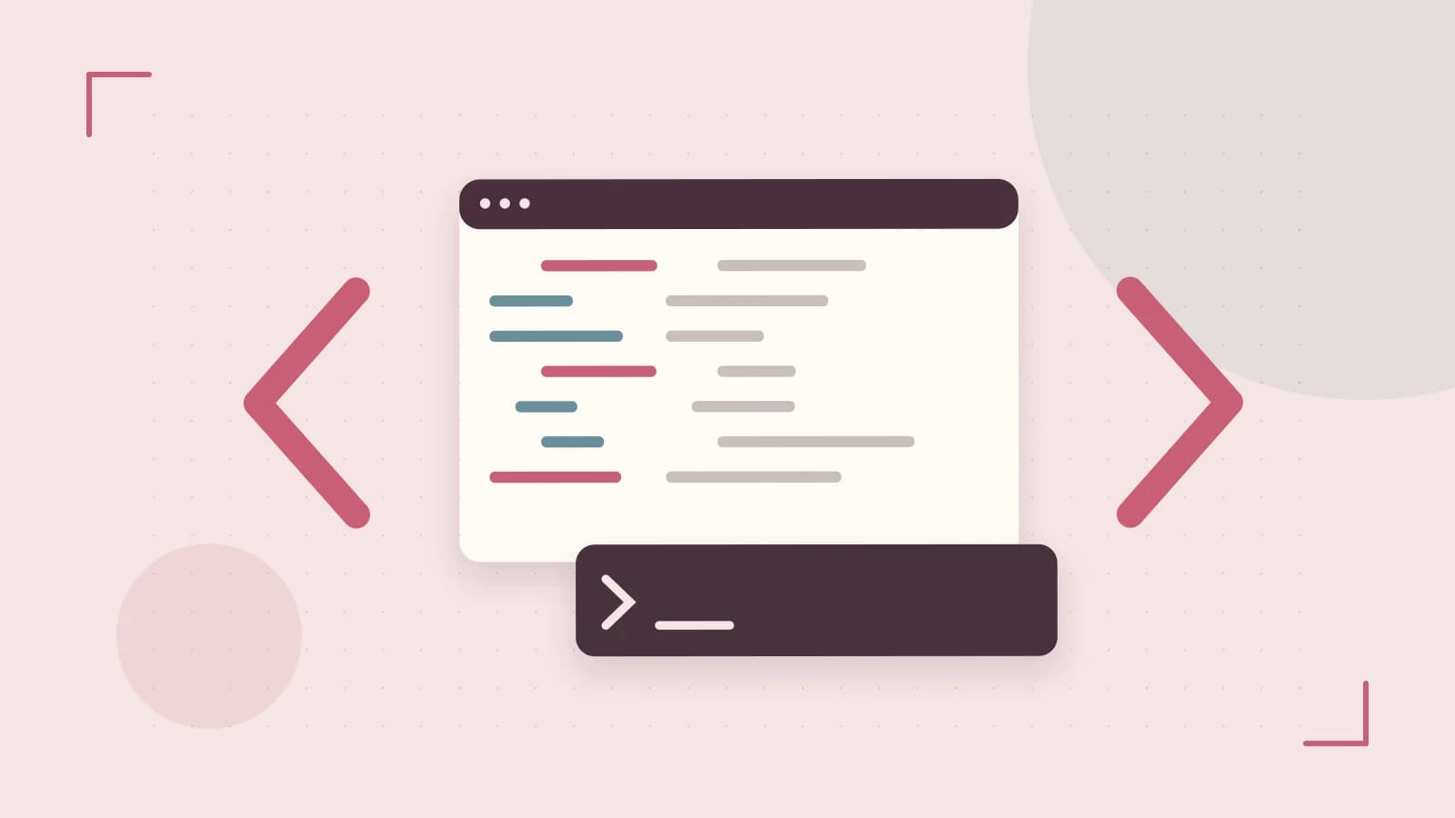 Editorial illustration of an abstract code editor, syntax blocks and oversized programming brackets