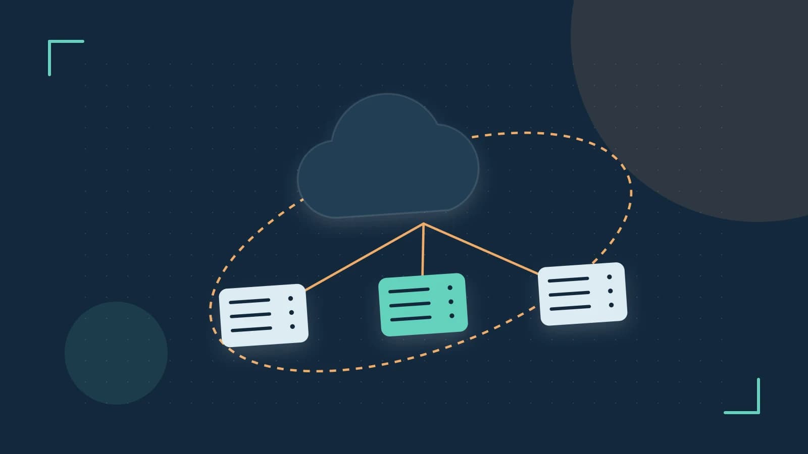 Editorial illustration of cloud infrastructure, connected server racks and an orbital service map